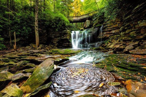 A serene waterfall cascades over rocks, surrounded by lush greenery and autumn leaves, with a wooden bridge above.