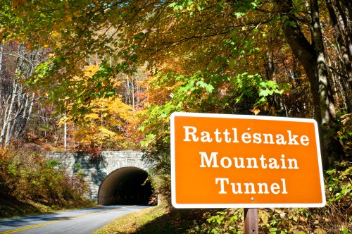 A sign for Rattlesnake Mountain Tunnel beside a road, framed by colorful autumn trees and a tunnel entrance in the background.