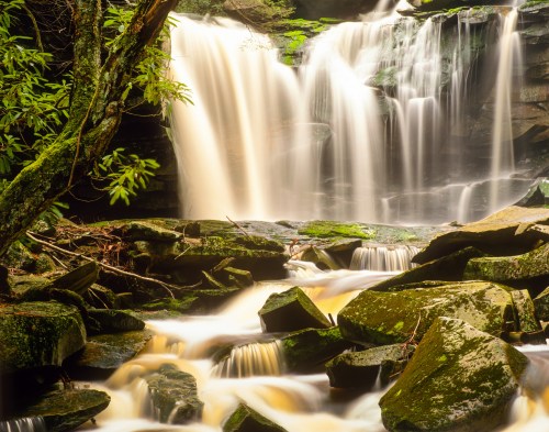 A serene waterfall cascades over rocks, surrounded by lush greenery and flowing water in a tranquil natural setting.