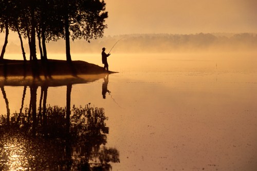 A silhouette of a fisherman standing by a misty lake at sunrise, with trees reflecting in the calm water.