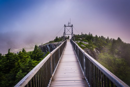 A wooden bridge leads to a tower atop a misty mountain, surrounded by lush greenery and fog.
