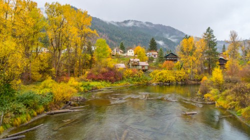 A serene river flows through a colorful autumn landscape with trees and houses against a misty mountain backdrop.