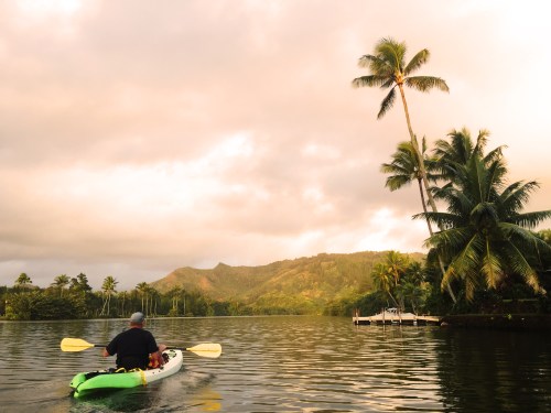 A person kayaking on a calm river surrounded by palm trees and mountains under a cloudy sunset sky.