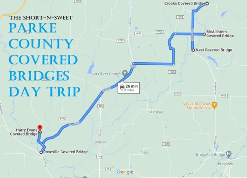 Map showing a route for a Parke County covered bridges day trip, highlighting various bridges and travel time.