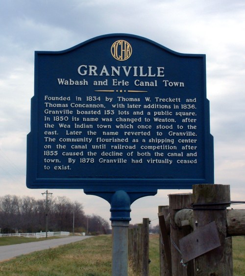 Historical marker for Granville, a former canal town founded in 1834, detailing its history and decline.