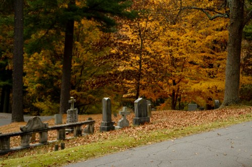 A serene cemetery scene with gravestones surrounded by vibrant autumn foliage and fallen leaves.