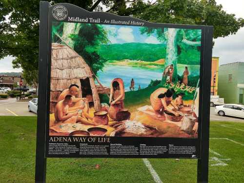 Sign depicting the Adena way of life, featuring illustrations of people engaged in daily activities by a river.