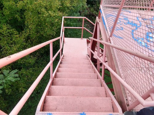 A pink metal staircase leading down, surrounded by greenery and trees.