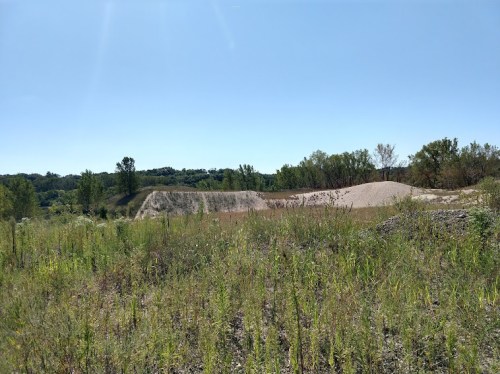 A sunny landscape featuring a grassy area with a sandy hill and trees in the background under a clear blue sky.