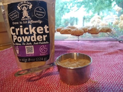 A bag of cricket powder next to a measuring cup filled with the powder, with cookies baking in the background.
