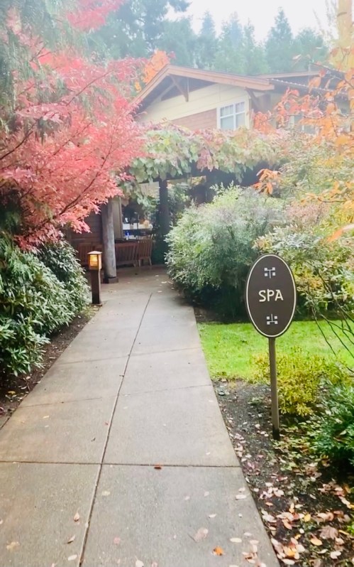 A serene pathway leads to a spa, surrounded by lush greenery and autumn-colored trees.