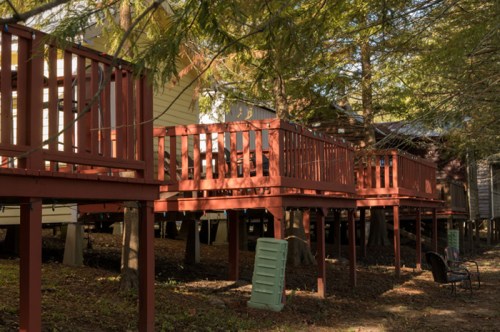 Wooden walkways elevated on stilts, surrounded by trees and a few chairs on the ground below.