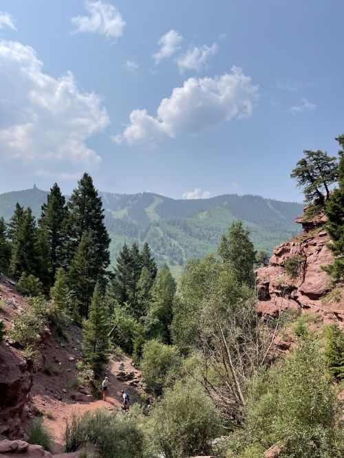 A scenic view of mountains and trees under a blue sky with clouds, featuring a hiking trail in the foreground.