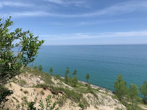 A serene view of a calm lake with a clear blue sky and green vegetation along the shoreline.