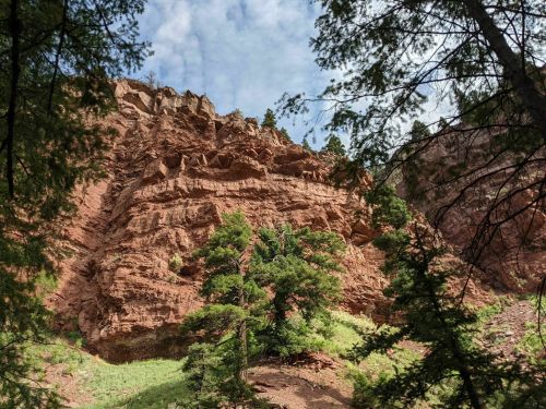 Rocky cliffside with layered red rock formations, surrounded by green trees and a partly cloudy sky.