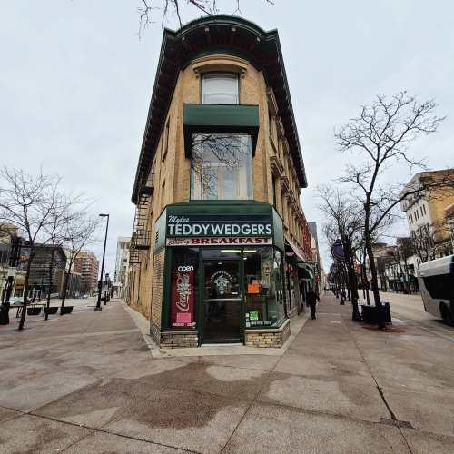 A corner restaurant named "Teddy Wedgers" with a green awning, surrounded by bare trees and a city street.