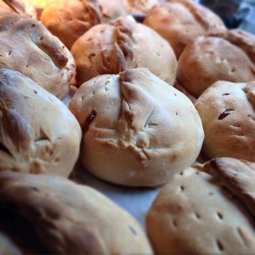 A close-up of freshly baked round bread rolls with a golden-brown crust, arranged closely together.