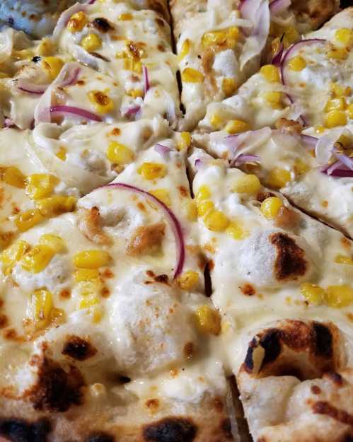 Close-up of a pizza topped with cheese, corn, red onions, and golden-brown crust.