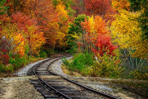 Curving railway tracks surrounded by vibrant autumn foliage in shades of red, orange, and yellow.