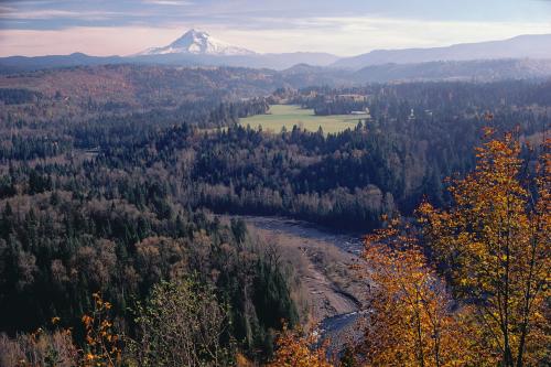 A scenic view of a valley with a river, surrounded by forests and mountains, featuring autumn foliage and a snow-capped peak.