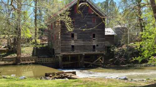 A rustic wooden mill beside a calm river, surrounded by lush greenery and trees on a sunny day.