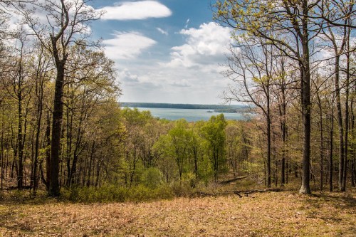 A scenic view of a lake surrounded by trees under a partly cloudy sky.