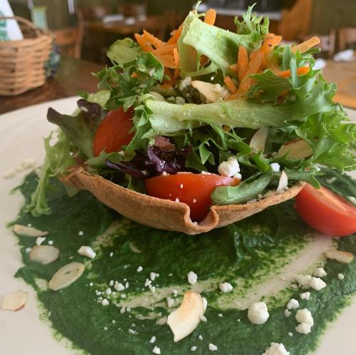 A colorful salad in a crispy tortilla bowl, topped with greens, tomatoes, carrots, and nuts, on a green sauce.