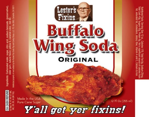 Label for Lester's Fixins Buffalo Wing Soda, featuring a chicken wing and the text "Y'all get yer fixins!"