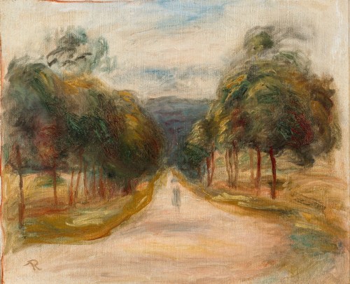 A soft, impressionistic landscape featuring a tree-lined path leading into the distance under a cloudy sky.