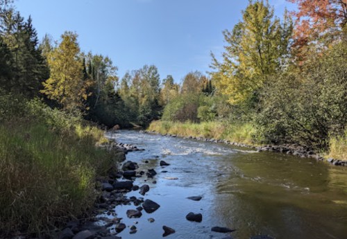 A serene river flows through a lush landscape with trees in autumn colors under a clear blue sky.
