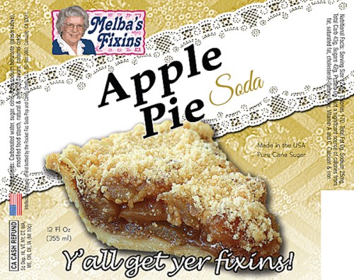 Label for Melha's Fixins Apple Pie Soda featuring a slice of pie and the text "Y'all get yer fixins!"