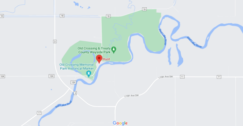 Map showing Old Crossing & Treaty County Wayside Park and surrounding area, with rivers and roads marked.