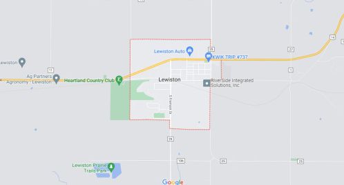 Map of Lewiston, showing main roads, local businesses, and nearby landmarks.