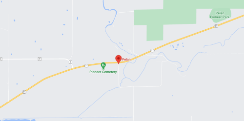 Map showing the location of Pelan, with nearby Pioneer Cemetery and Pioneer Park marked.