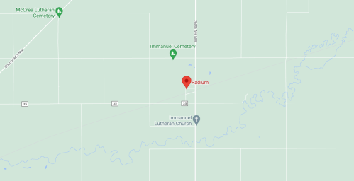 Map showing the location of Radium, with nearby Immanuel Lutheran Church and Immanuel Cemetery marked.