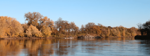 A serene river scene with trees in autumn colors reflecting on the water under a clear blue sky.