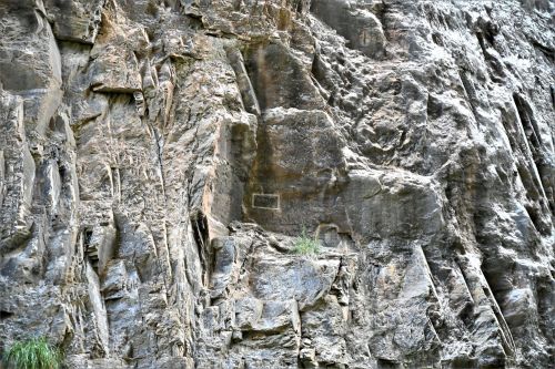 A rugged rock face with textured surfaces and patches of grass growing in crevices.