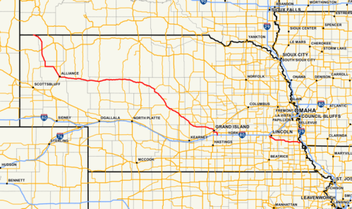 Map of Nebraska showing a red route from Scottsbluff to Grand Island, with major cities and highways outlined.