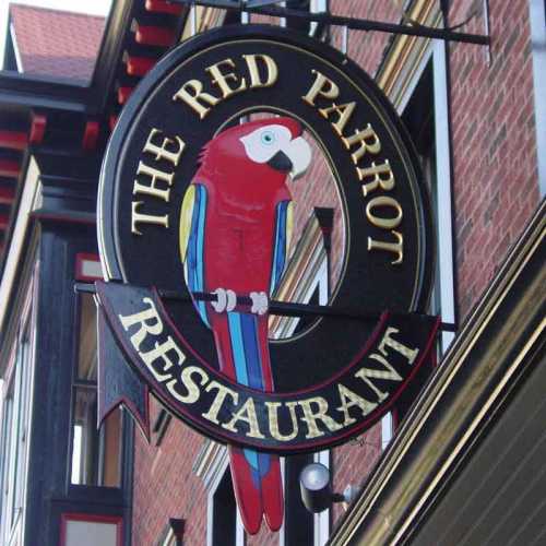 Sign for "The Red Parrot Restaurant" featuring a colorful parrot illustration.