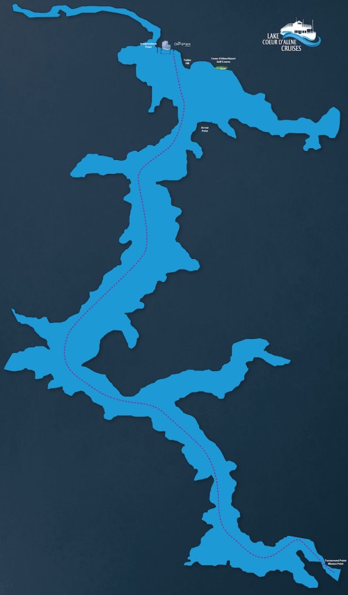 Map of Lake Coeur d'Alene, highlighting cruise routes and key locations in blue on a dark background.