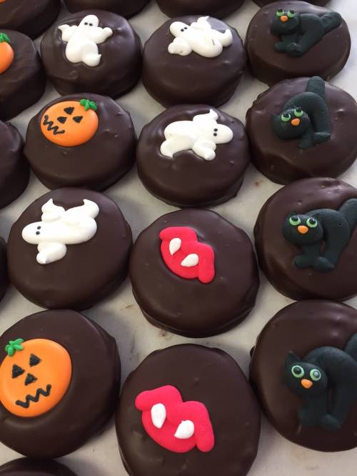 A variety of chocolate-covered cookies decorated with Halloween-themed toppings like ghosts, pumpkins, and cats.
