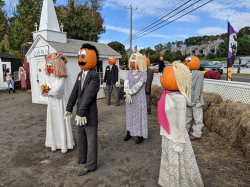A group of scarecrows with pumpkin heads dressed in wedding attire, set in a festive outdoor scene.