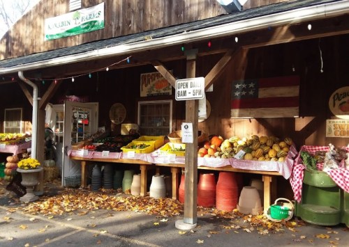 A rustic farm stand with colorful fruits and vegetables displayed outside, surrounded by autumn leaves.