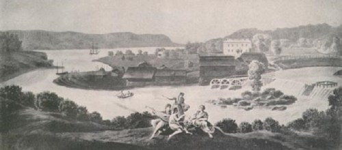 A historic landscape featuring a river, boats, and figures near a waterfall, with buildings and hills in the background.