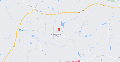 Map showing the location of Serenbe in Chattahoochee Hills, Georgia, with nearby roads and landmarks.