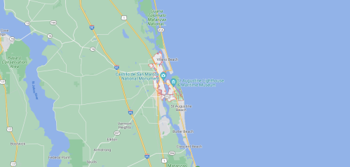 Map showing St. Augustine, Florida, highlighting the coastline, parks, and nearby attractions.