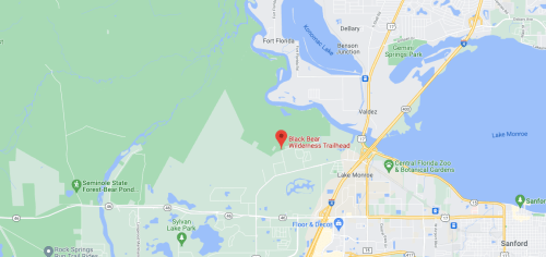 Map showing the location of Black Bear Wilderness Trailhead near Lake Monroe in Central Florida.