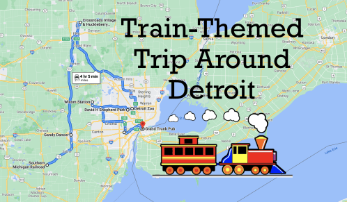 Map of a train-themed trip around Detroit, featuring a cartoon train and route highlighted in blue.