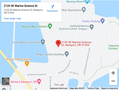 Map showing the location of 2120 SE Marine Science Dr, Newport, OR, with nearby landmarks and parking information.