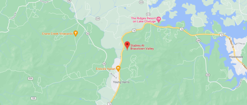 Map showing the location of the Stables at Brasstown Valley near Young Harris, Georgia, with nearby landmarks.